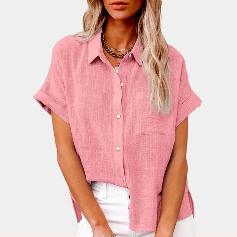 Effortless Linen Blouse for Women with Collar Short Sleeve Chest Pocket Relaxed Style