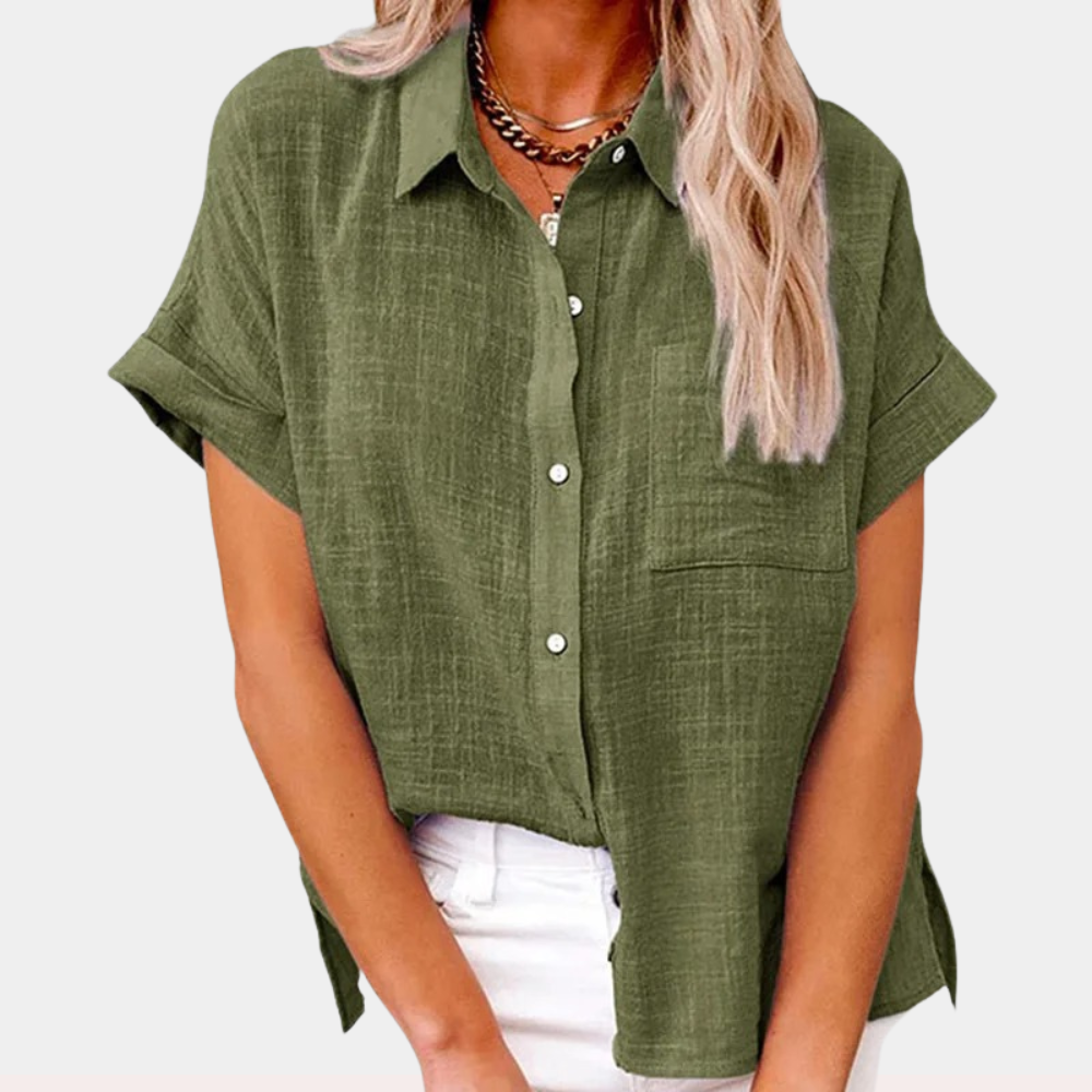 Effortless Linen Blouse for Women with Collar Short Sleeve Chest Pocket Relaxed Style