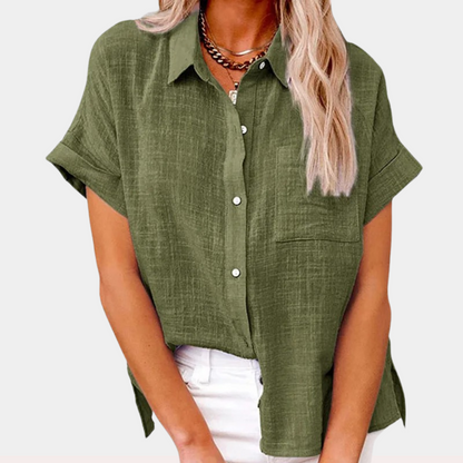 Effortless Linen Blouse for Women with Collar Short Sleeve Chest Pocket Relaxed Style
