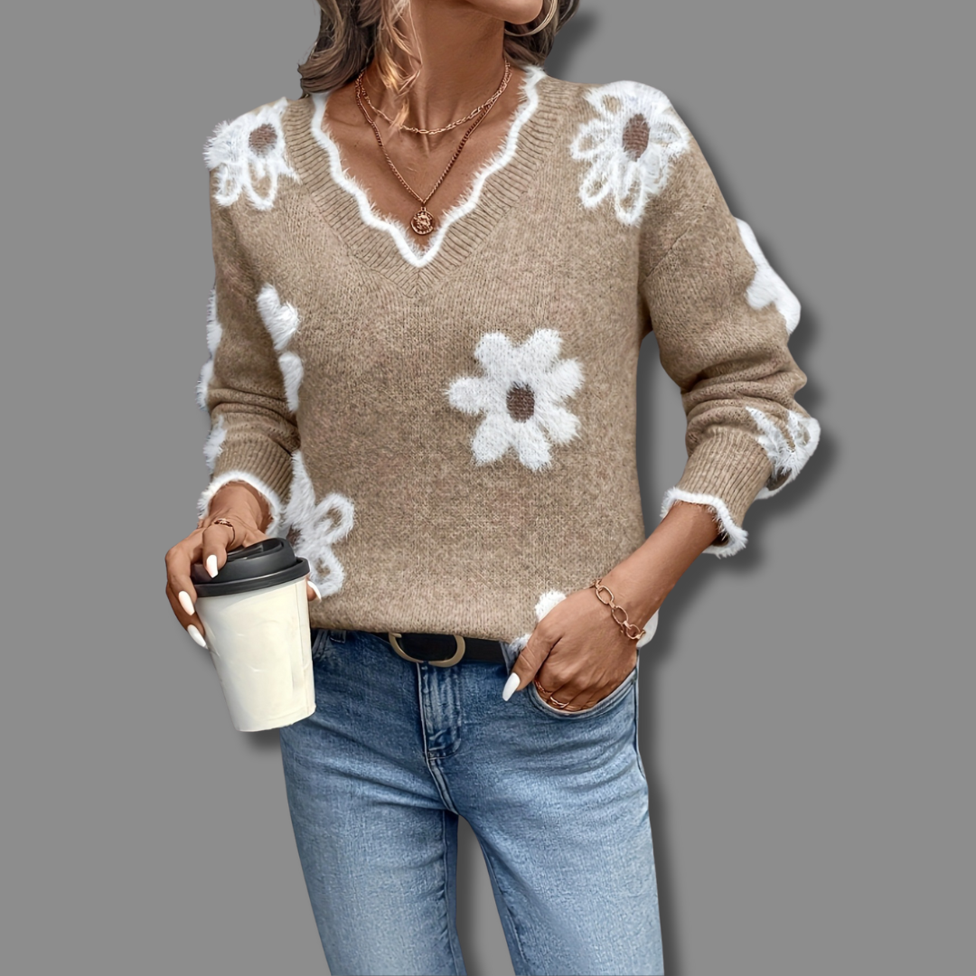 Comfortable Floral Sweater for Women with V Neck Long Sleeve Scalloped Trim Oversized Knit Style