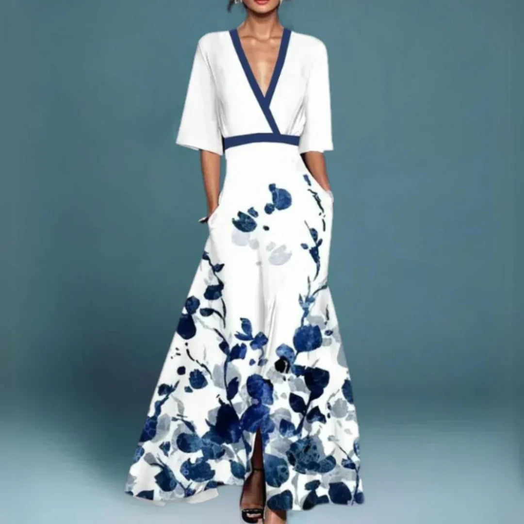 Elegant Floral Maxi Dress for Women with V Neck Half Sleeve Flowing A Line Formal Wedding Guest Style
