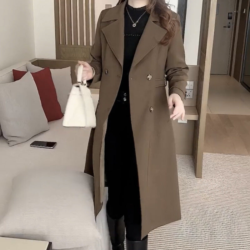 Elegant Longline Trench Coat for Women with Notched Lapel Long Sleeve Double Breasted Belted Style