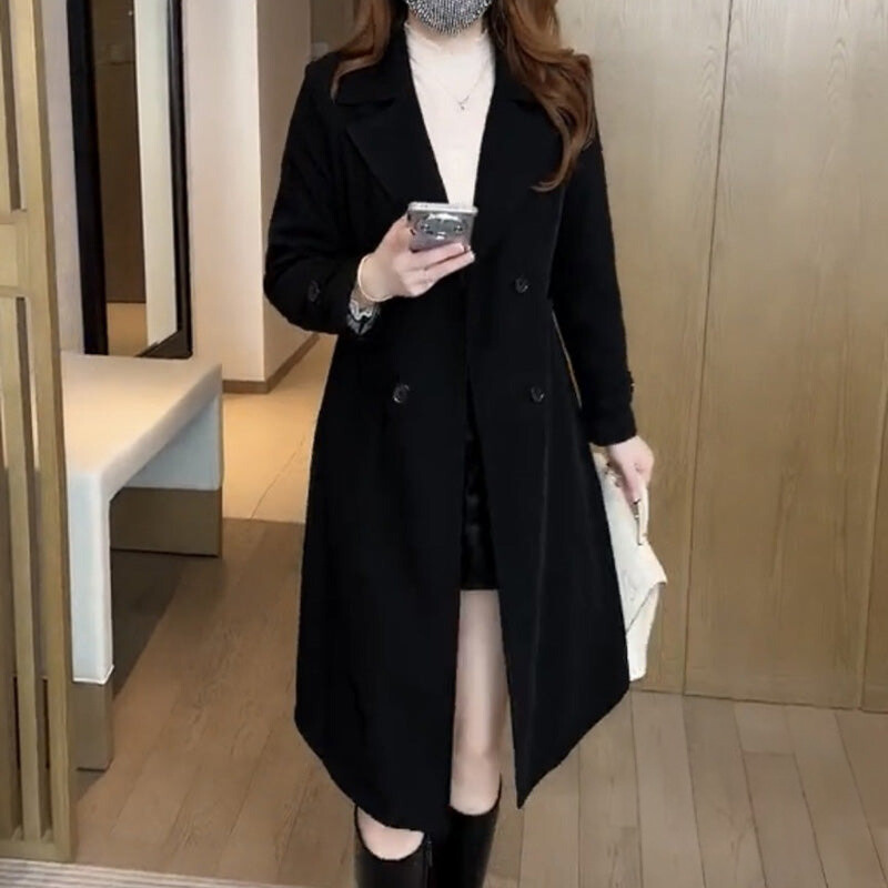 Elegant Longline Trench Coat for Women with Notched Lapel Long Sleeve Double Breasted Belted Style