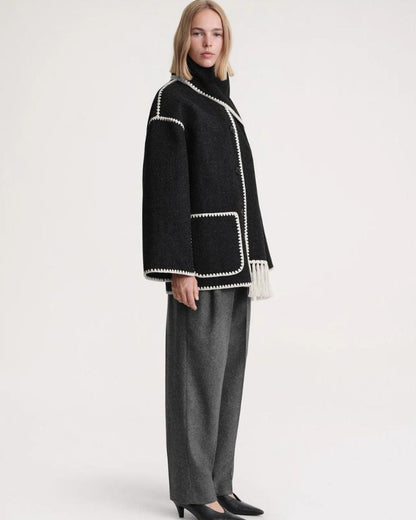 Elegant Fringe Trim Wool Cape Jacket for Women with High Collar Long Sleeve Oversized Style