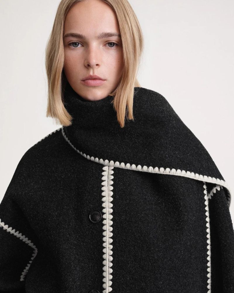 Elegant Fringe Trim Wool Cape Jacket for Women with High Collar Long Sleeve Oversized Style