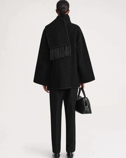 Elegant Fringe Trim Wool Cape Jacket for Women with High Collar Long Sleeve Oversized Style