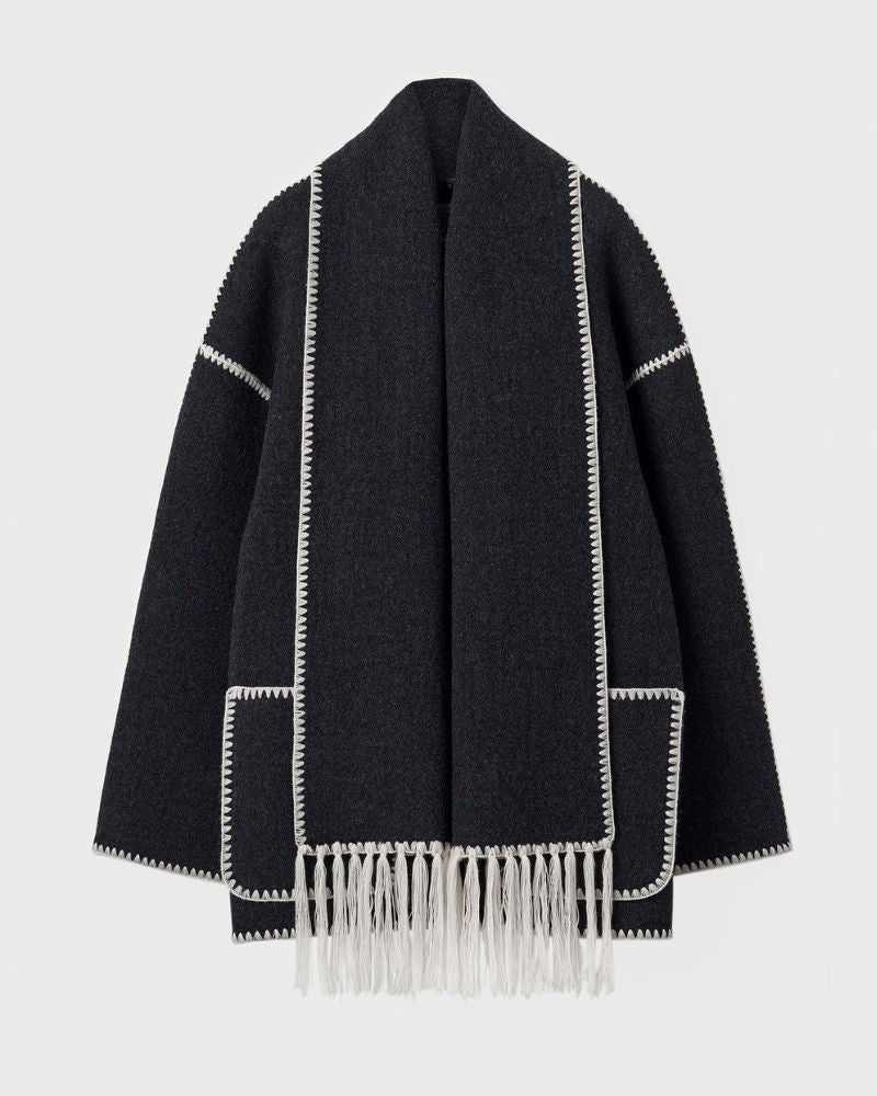 Elegant Fringe Trim Wool Cape Jacket for Women with High Collar Long Sleeve Oversized Style