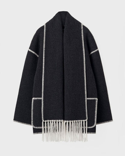 Elegant Fringe Trim Wool Cape Jacket for Women with High Collar Long Sleeve Oversized Style