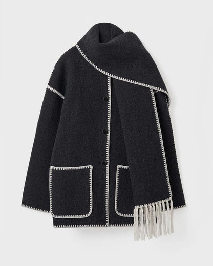 Elegant Fringe Trim Wool Cape Jacket for Women with High Collar Long Sleeve Oversized Style