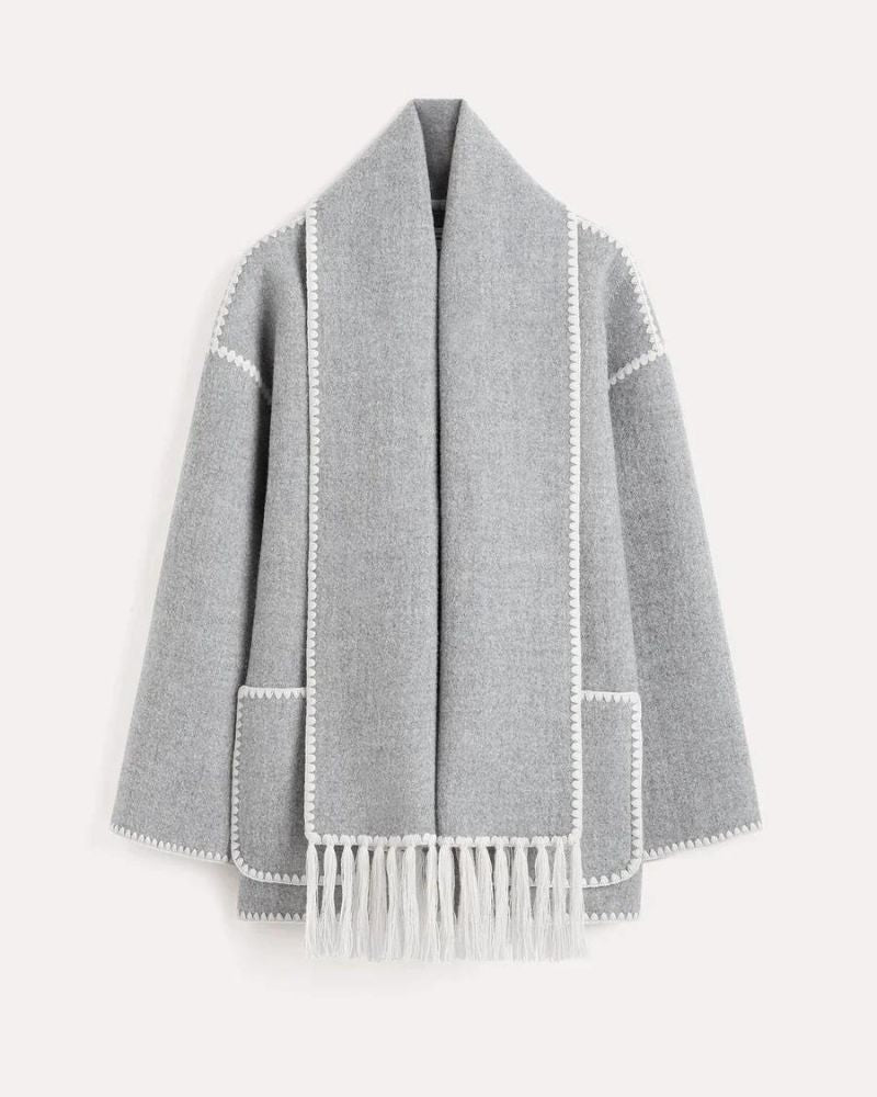 Elegant Fringe Trim Wool Cape Jacket for Women with High Collar Long Sleeve Oversized Style