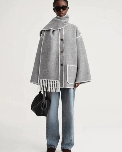 Elegant Fringe Trim Wool Cape Jacket for Women with High Collar Long Sleeve Oversized Style