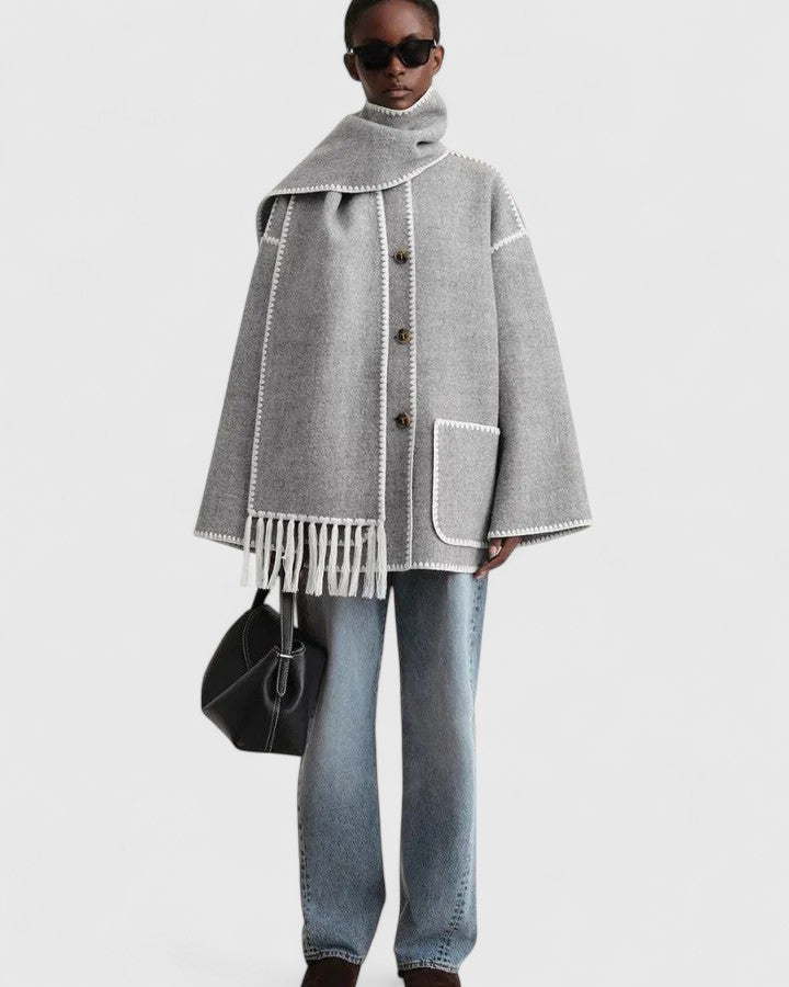 Elegant Fringe Trim Wool Cape Jacket for Women with High Collar Long Sleeve Oversized Style