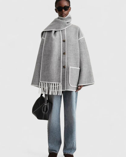 Elegant Fringe Trim Wool Cape Jacket for Women with High Collar Long Sleeve Oversized Style