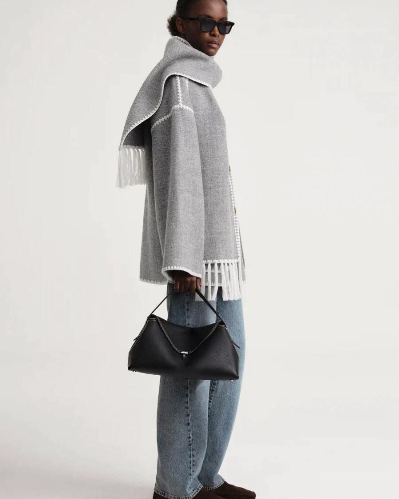 Elegant Fringe Trim Wool Cape Jacket for Women with High Collar Long Sleeve Oversized Style