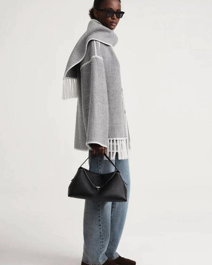 Elegant Fringe Trim Wool Cape Jacket for Women with High Collar Long Sleeve Oversized Style