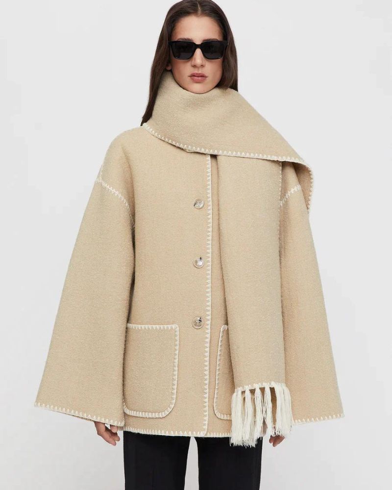 Elegant Fringe Trim Wool Cape Jacket for Women with High Collar Long Sleeve Oversized Style