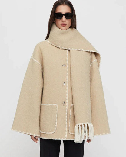 Elegant Fringe Trim Wool Cape Jacket for Women with High Collar Long Sleeve Oversized Style