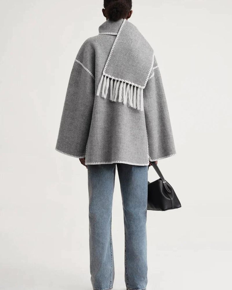 Elegant Fringe Trim Wool Cape Jacket for Women with High Collar Long Sleeve Oversized Style