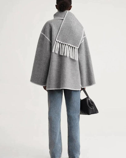 Elegant Fringe Trim Wool Cape Jacket for Women with High Collar Long Sleeve Oversized Style