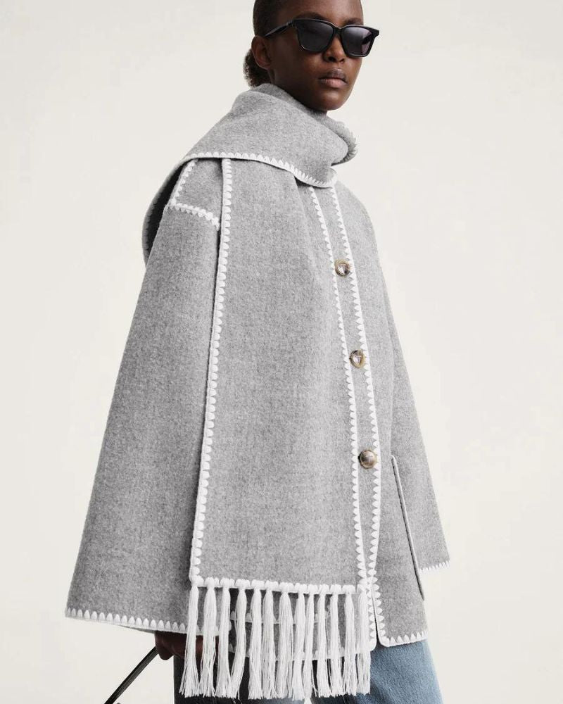 Elegant Fringe Trim Wool Cape Jacket for Women with High Collar Long Sleeve Oversized Style