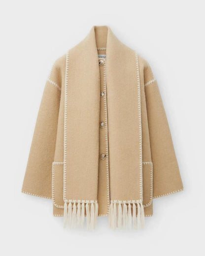 Elegant Fringe Trim Wool Cape Jacket for Women with High Collar Long Sleeve Oversized Style