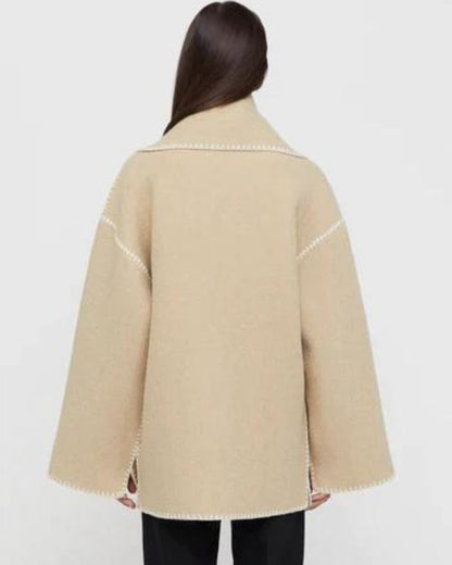 Elegant Fringe Trim Wool Cape Jacket for Women with High Collar Long Sleeve Oversized Style