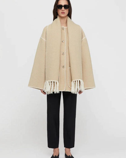 Elegant Fringe Trim Wool Cape Jacket for Women with High Collar Long Sleeve Oversized Style