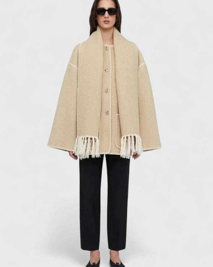 Elegant Fringe Trim Wool Cape Jacket for Women with High Collar Long Sleeve Oversized Style