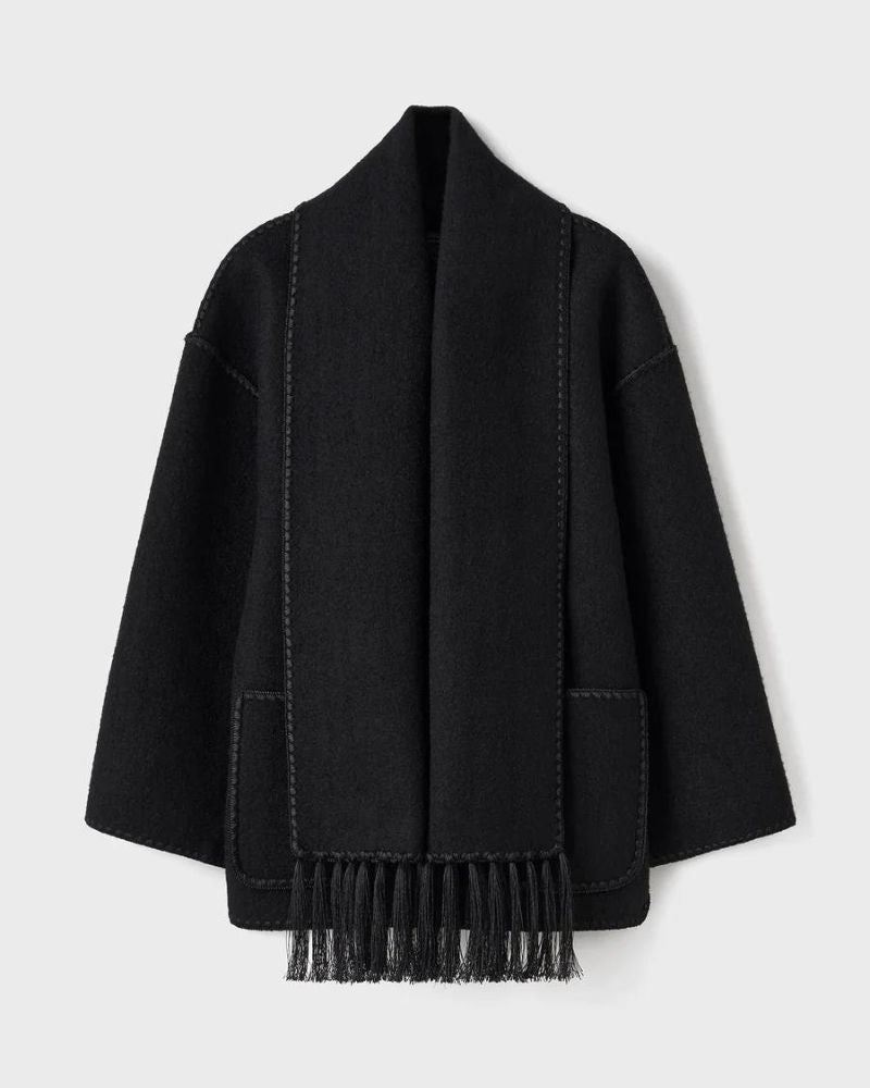 Elegant Fringe Trim Wool Cape Jacket for Women with High Collar Long Sleeve Oversized Style