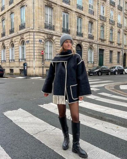 Elegant Fringe Trim Wool Cape Jacket for Women with High Collar Long Sleeve Oversized Style