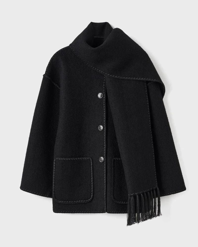 Elegant Fringe Trim Wool Cape Jacket for Women with High Collar Long Sleeve Oversized Style