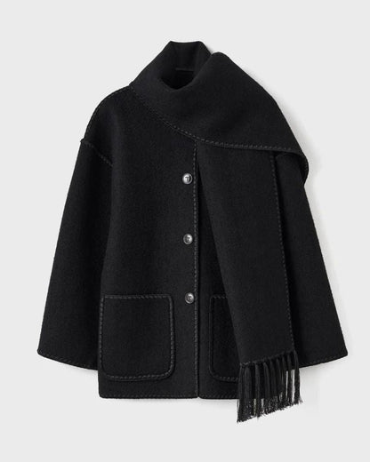 Elegant Fringe Trim Wool Cape Jacket for Women with High Collar Long Sleeve Oversized Style