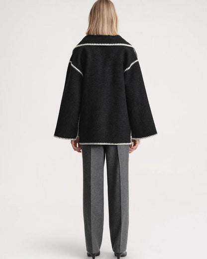 Elegant Fringe Trim Wool Cape Jacket for Women with High Collar Long Sleeve Oversized Style