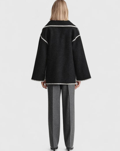 Elegant Fringe Trim Wool Cape Jacket for Women with High Collar Long Sleeve Oversized Style