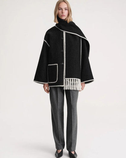 Elegant Fringe Trim Wool Cape Jacket for Women with High Collar Long Sleeve Oversized Style