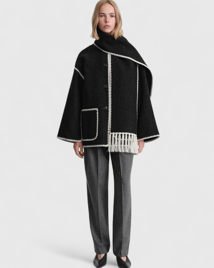 Elegant Fringe Trim Wool Cape Jacket for Women with High Collar Long Sleeve Oversized Style