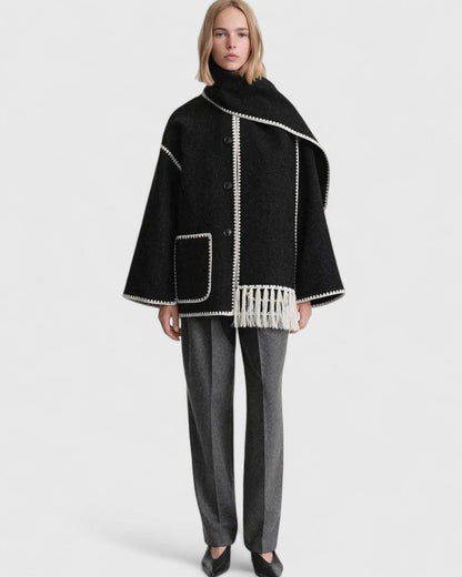 Elegant Fringe Trim Wool Cape Jacket for Women with High Collar Long Sleeve Oversized Style