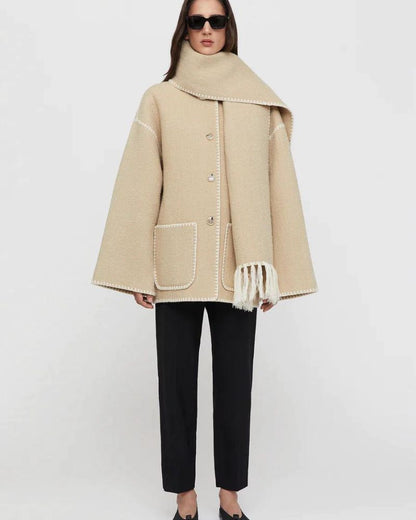 Elegant Fringe Trim Wool Cape Jacket for Women with High Collar Long Sleeve Oversized Style