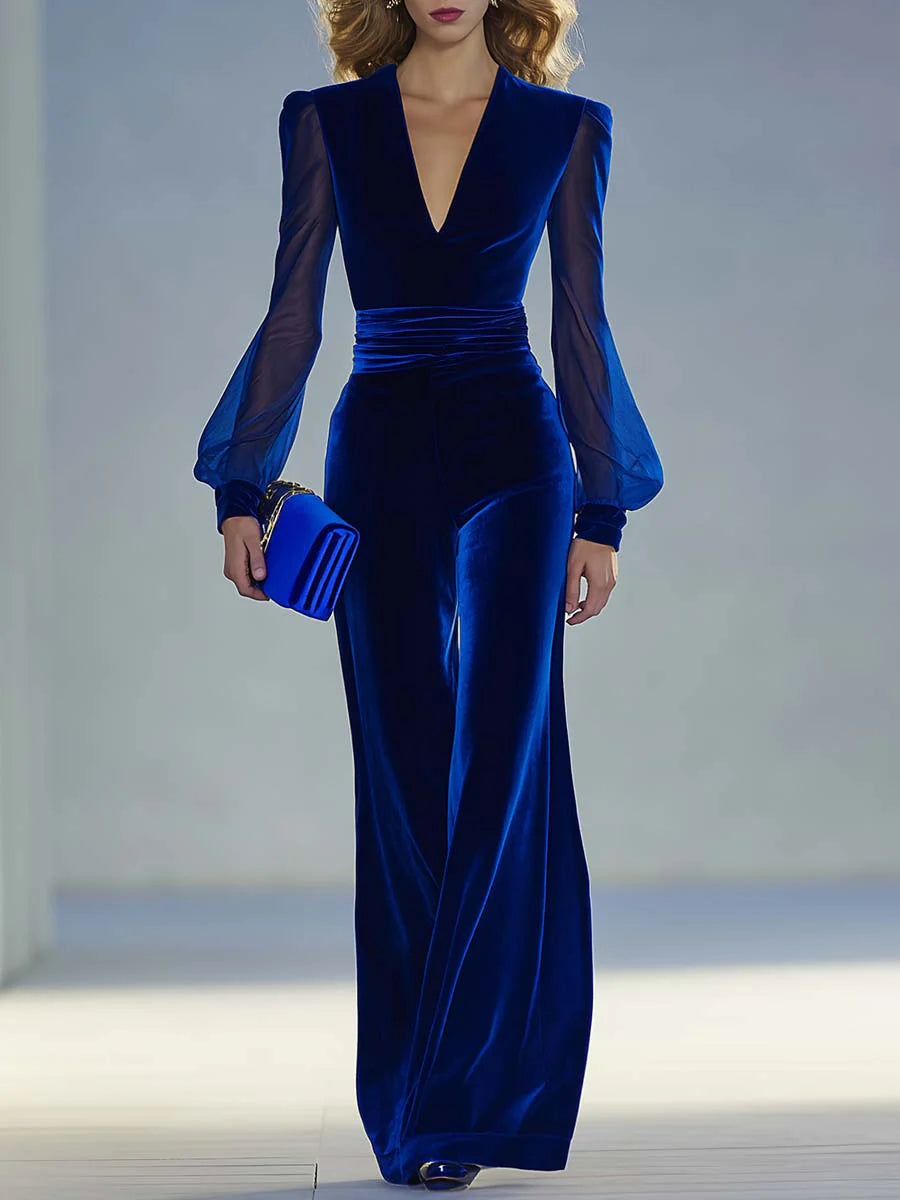 Elegant Velvet Jumpsuit for Women with V Neck Sheer Balloon Sleeve Wide Leg Ruched Waist Formal Style