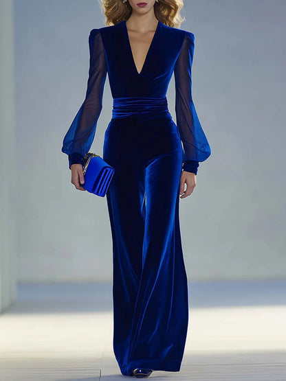 Elegant Velvet Jumpsuit for Women with V Neck Sheer Balloon Sleeve Wide Leg Ruched Waist Formal Style