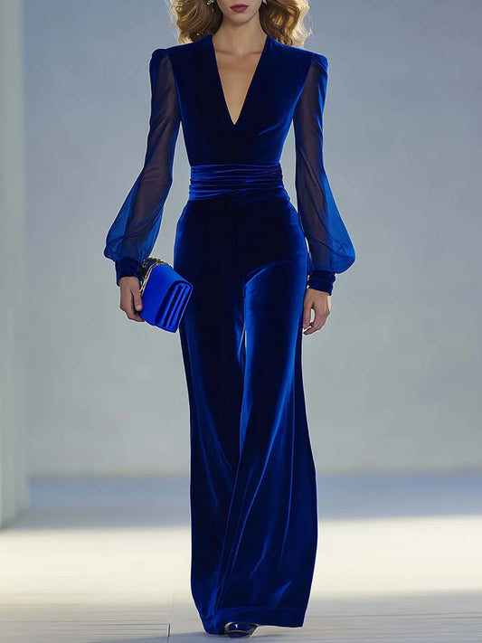 Elegant Velvet Jumpsuit for Women with V Neck Sheer Balloon Sleeve Wide Leg Ruched Waist Formal Style