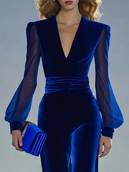 Elegant Velvet Jumpsuit for Women with V Neck Sheer Balloon Sleeve Wide Leg Ruched Waist Formal Style
