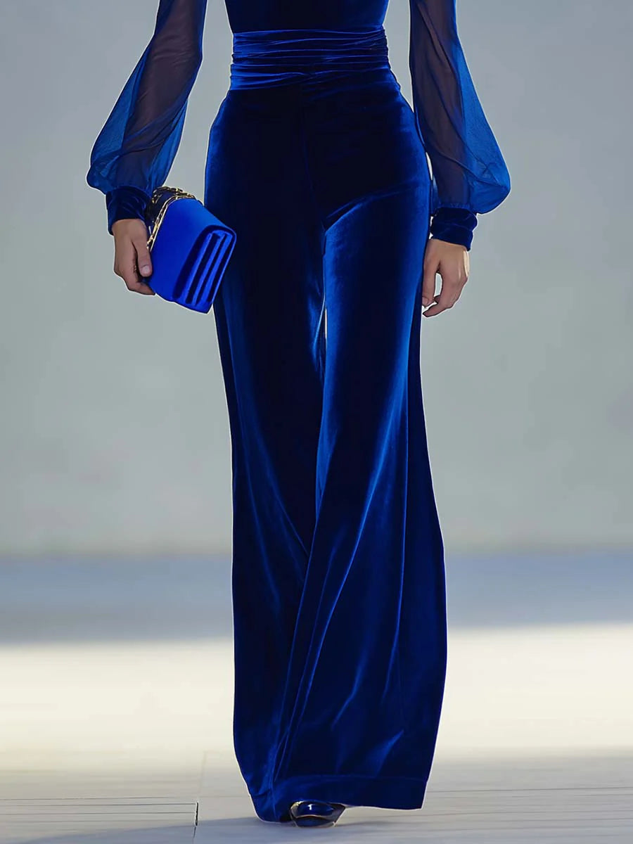 Elegant Velvet Jumpsuit for Women with V Neck Sheer Balloon Sleeve Wide Leg Ruched Waist Formal Style