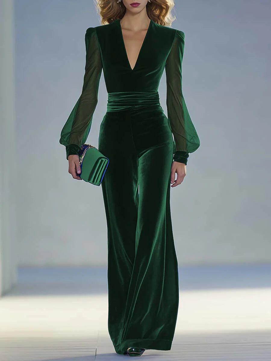 Elegant Velvet Jumpsuit for Women with V Neck Sheer Balloon Sleeve Wide Leg Ruched Waist Formal Style