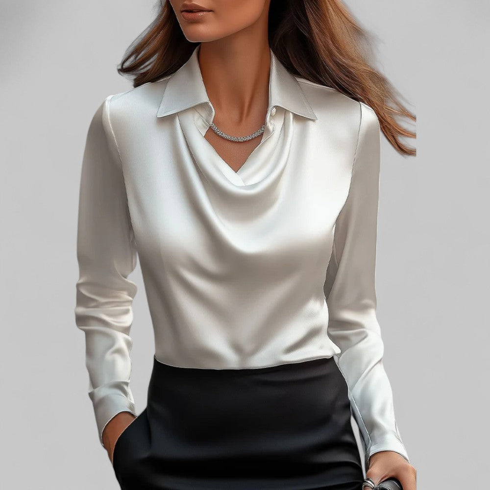 Elegant Satin Blouse for Women with Cowl Neck Collar Long Sleeve Silky Style
