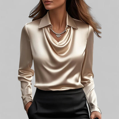 Elegant Satin Blouse for Women with Cowl Neck Collar Long Sleeve Silky Style