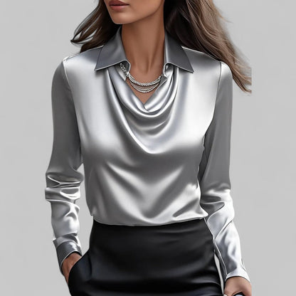 Elegant Satin Blouse for Women with Cowl Neck Collar Long Sleeve Silky Style