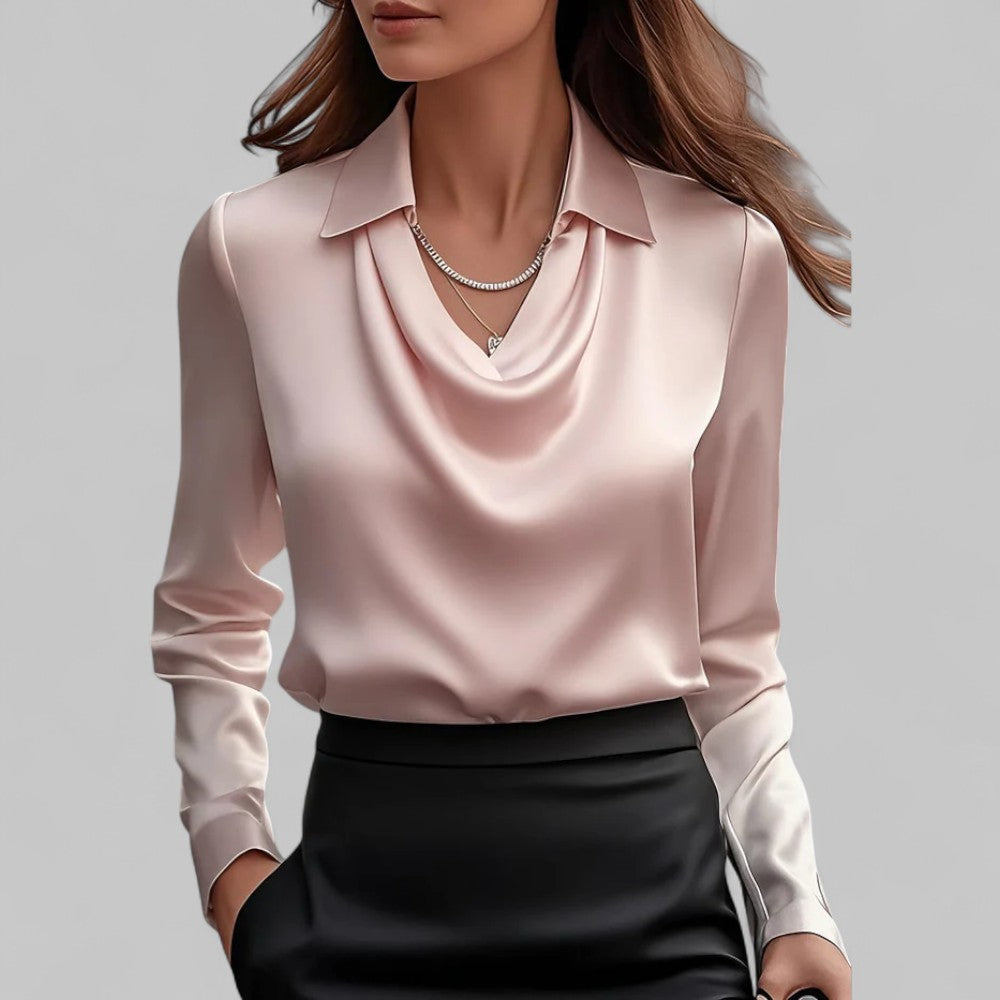 Elegant Satin Blouse for Women with Cowl Neck Collar Long Sleeve Silky Style