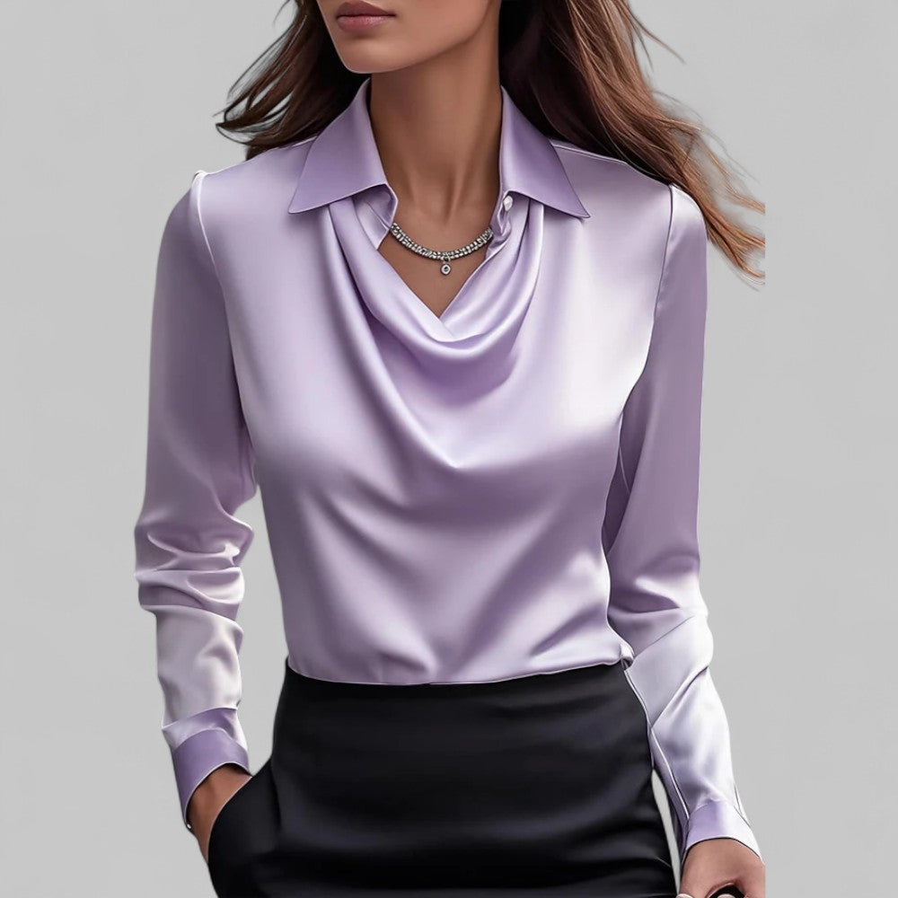 Elegant Satin Blouse for Women with Cowl Neck Collar Long Sleeve Silky Style