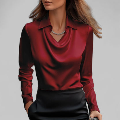 Elegant Satin Blouse for Women with Cowl Neck Collar Long Sleeve Silky Style